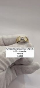 Kunnostettu kantasormus 5,4g. 585 kultaa. 0,08ct timantilla. Koko 18.